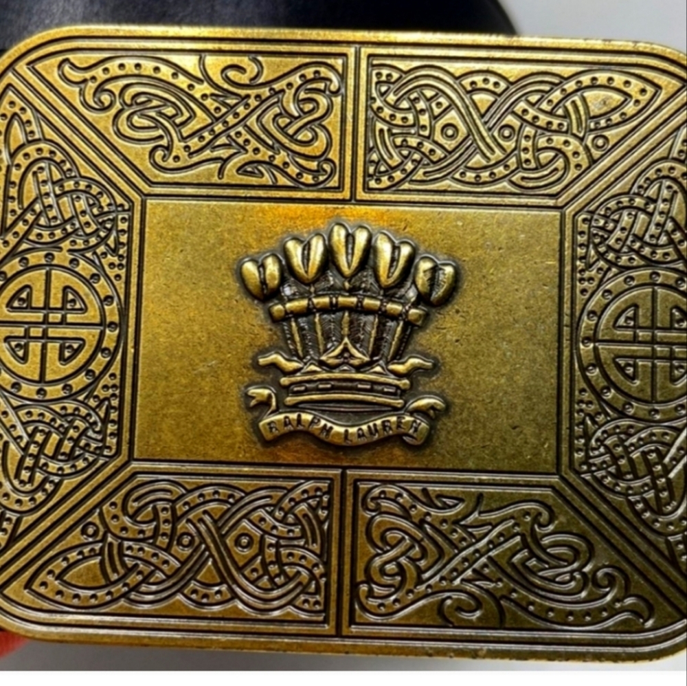 Ralph Lauren Black Leather Belt with Wide Gold Buckle Adorned With Celtic Crown. - Picture 4 of 13